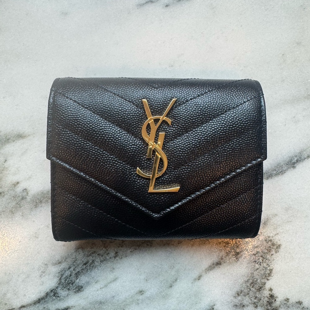 YSL Monogram Trifold Wallet in Grained Leather - Black with Gold Hardware
